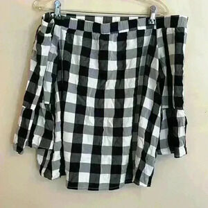 Fourteenth Place Black White Buffalo Plaid Off Shoulder Bell Sleeve Blouse